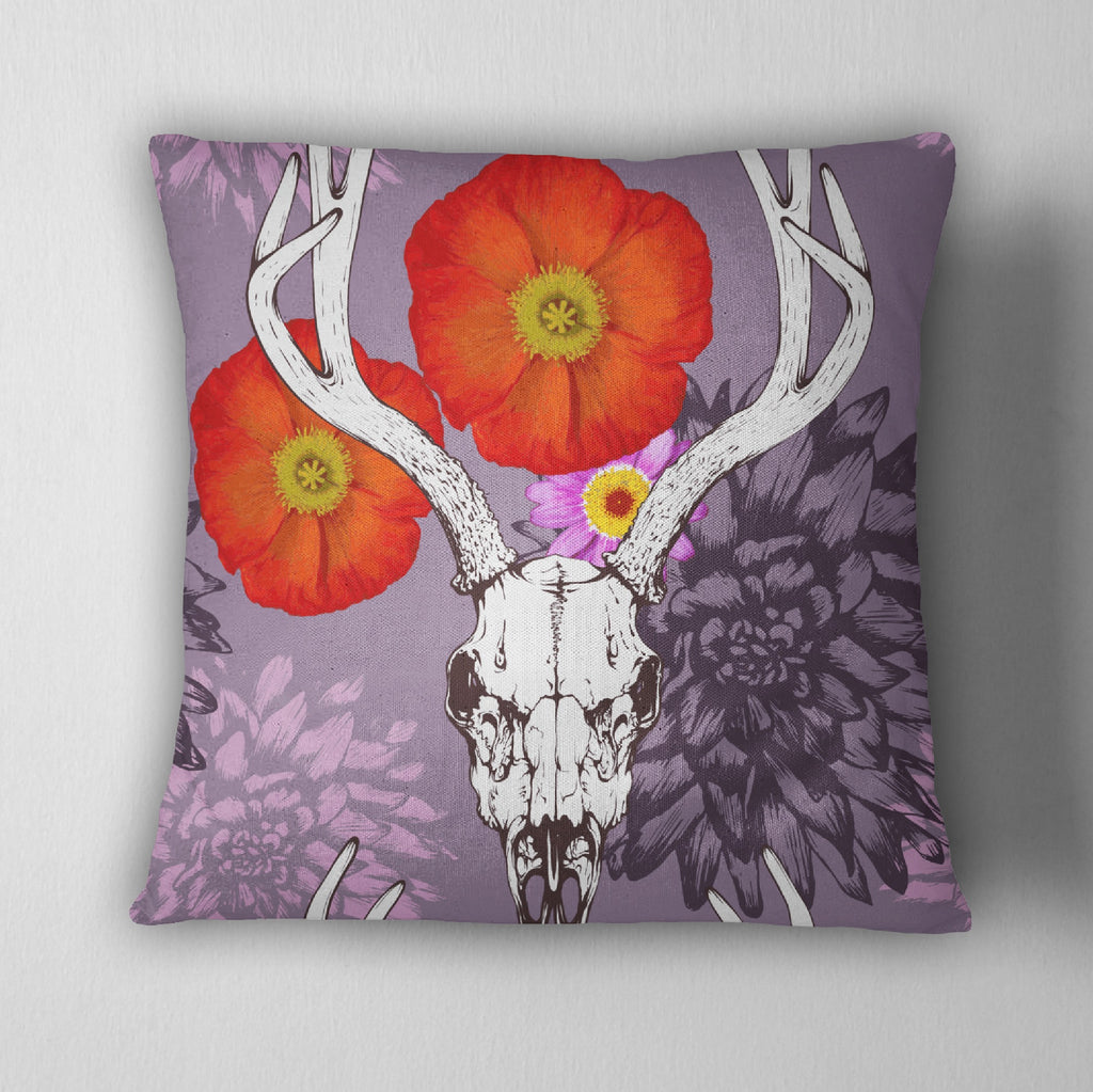 Purple Deer Skull with Red Poppies Throw Pillow