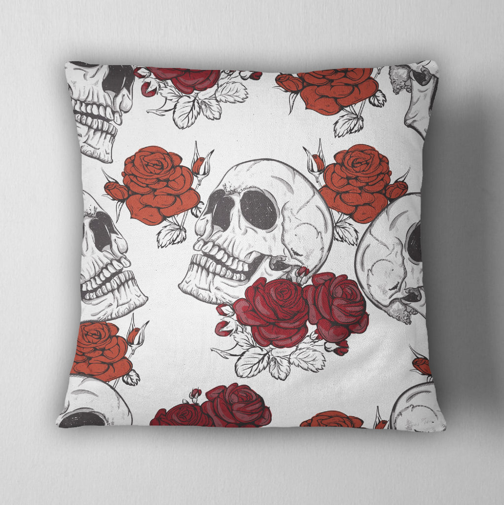 Black, White and Shades of Red Rose Skull Throw Pillow