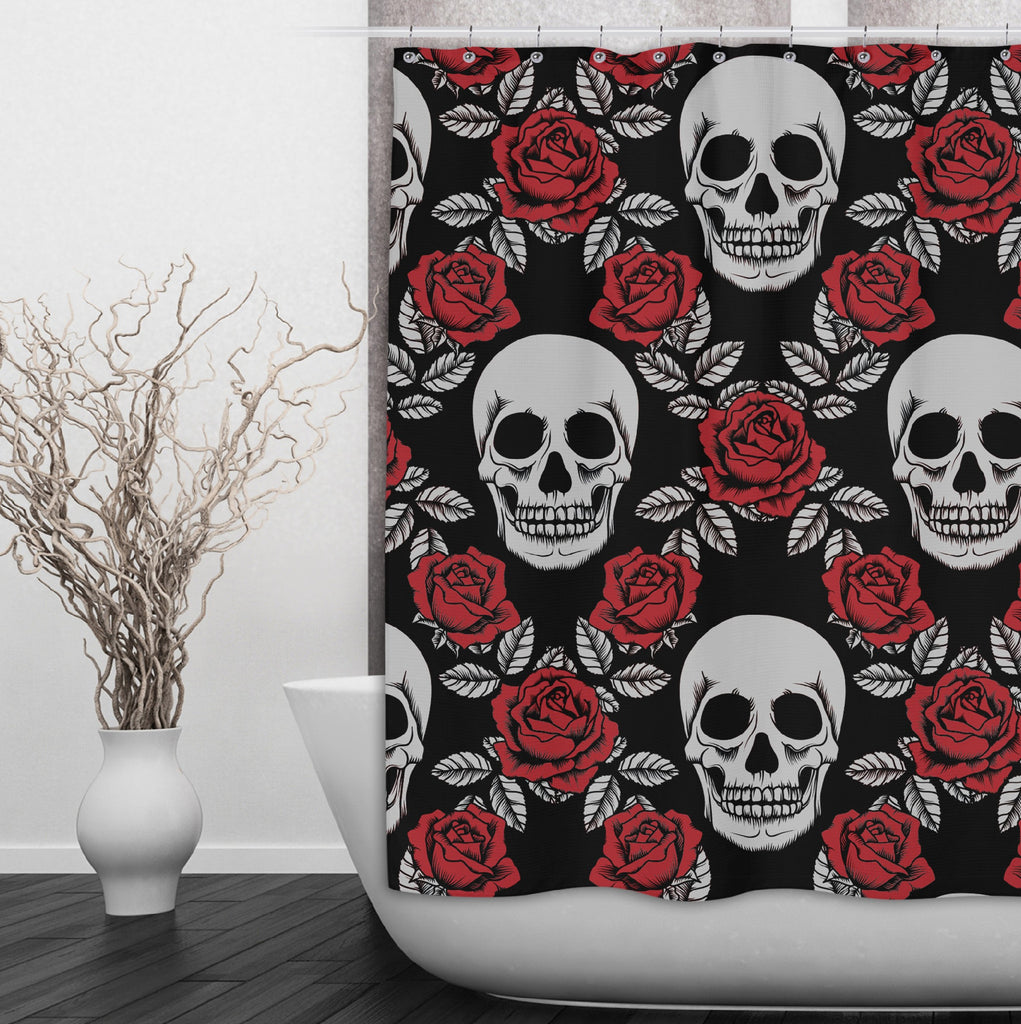 Harlequin Red Rose Grey Skull Shower Curtains and Optional Bath Mats