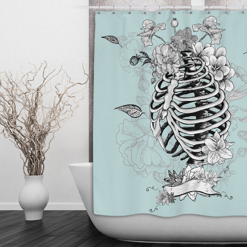 Ice Blue Torso Skeleton and Flower Shower Curtains and Optional Bath Mats