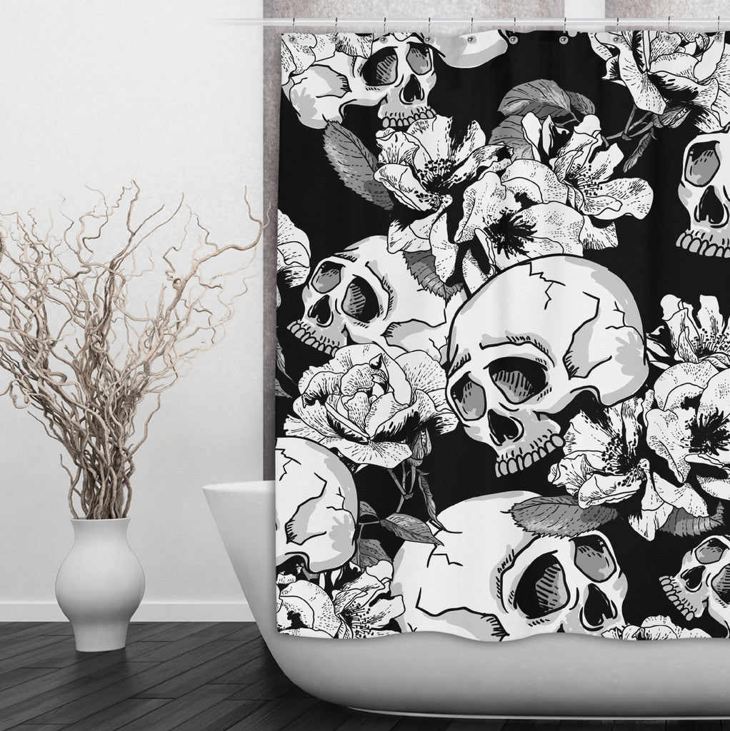 Sexy Black Skull and Flower Shower Curtains and Optional Bath Mats