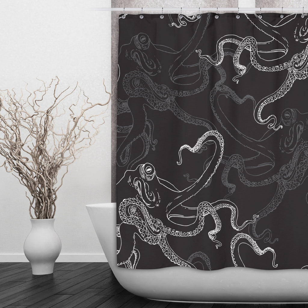 White on Black Octopus Shower Curtains and Optional Bath Mats