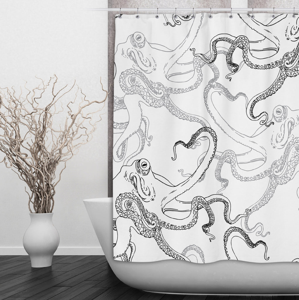 Black on White Octopus Shower Curtains and Optional Bath Mats