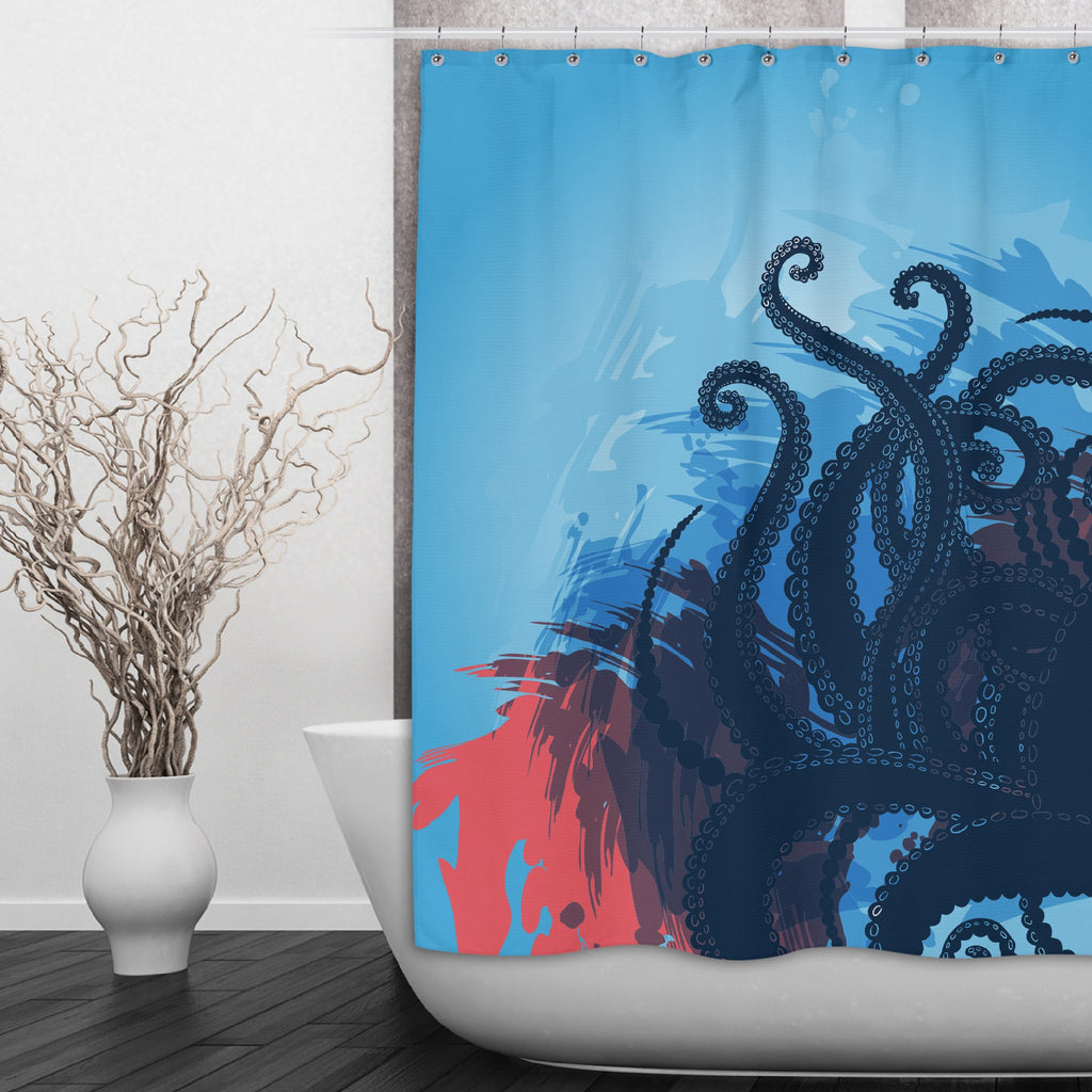 Deep Blue Sea Octopus Tentacle Shower Curtains and Optional Bath Mats