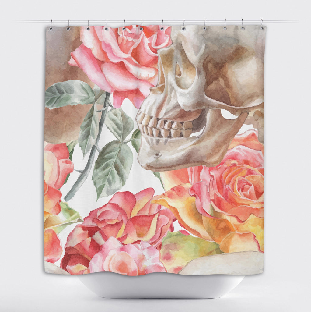 Watercolor Skull with Pink Roses Shower Curtains and Optional Bath Mats