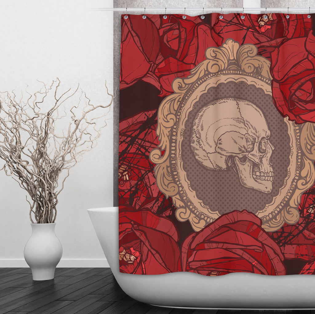 Cameo Skull with Red Roses Shower Curtains and Optional Bath Mats