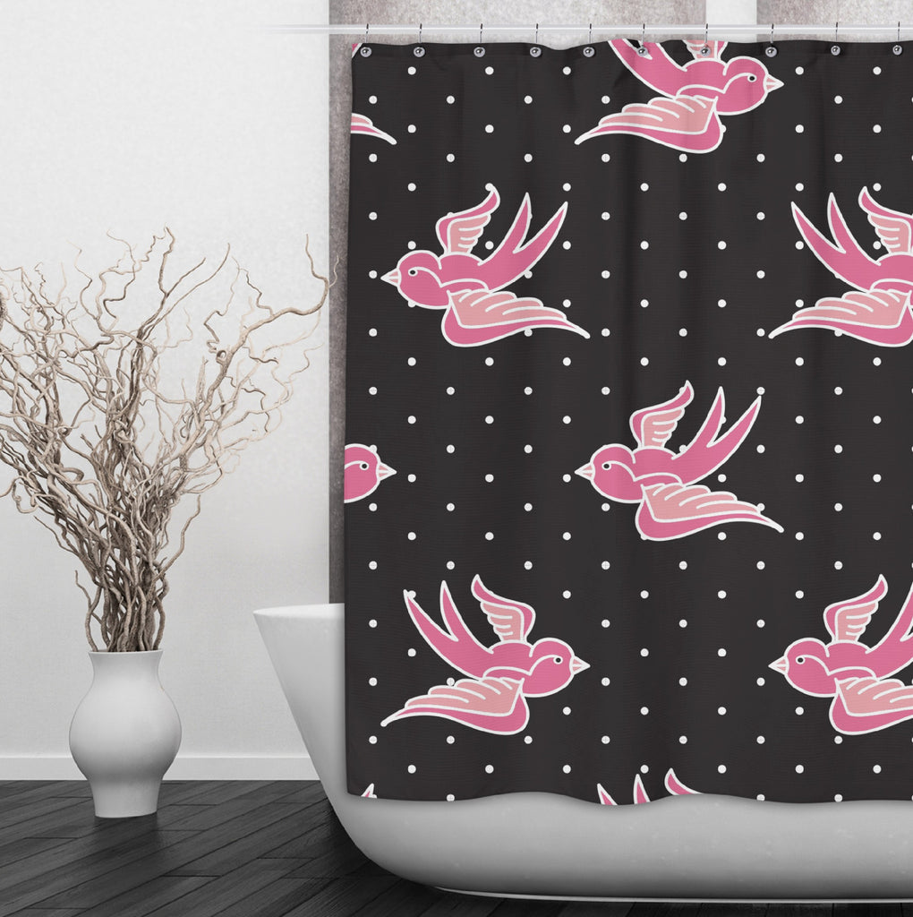 Rockabilly with Pin Dot and Pink Swallows Shower Curtains and Optional Bath Mats