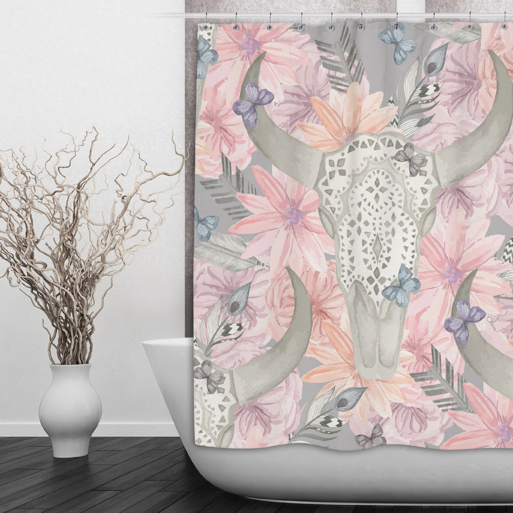 Longhorn Skull with Lace and Pink Flowers Shower Curtains and Optional Bath Mats