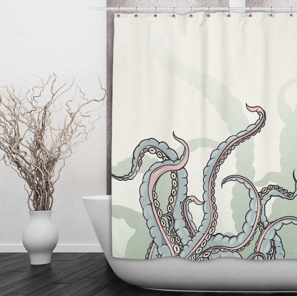 Watercolor Octopus Tentacle Shower Curtains and Optional Bath Mats