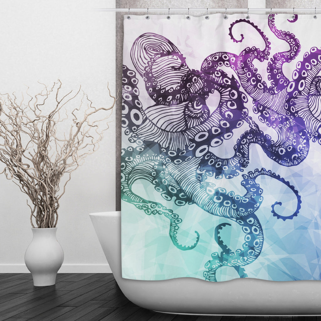 Modern Watercolor Octopus Shower Curtains and Optional Bath Mats