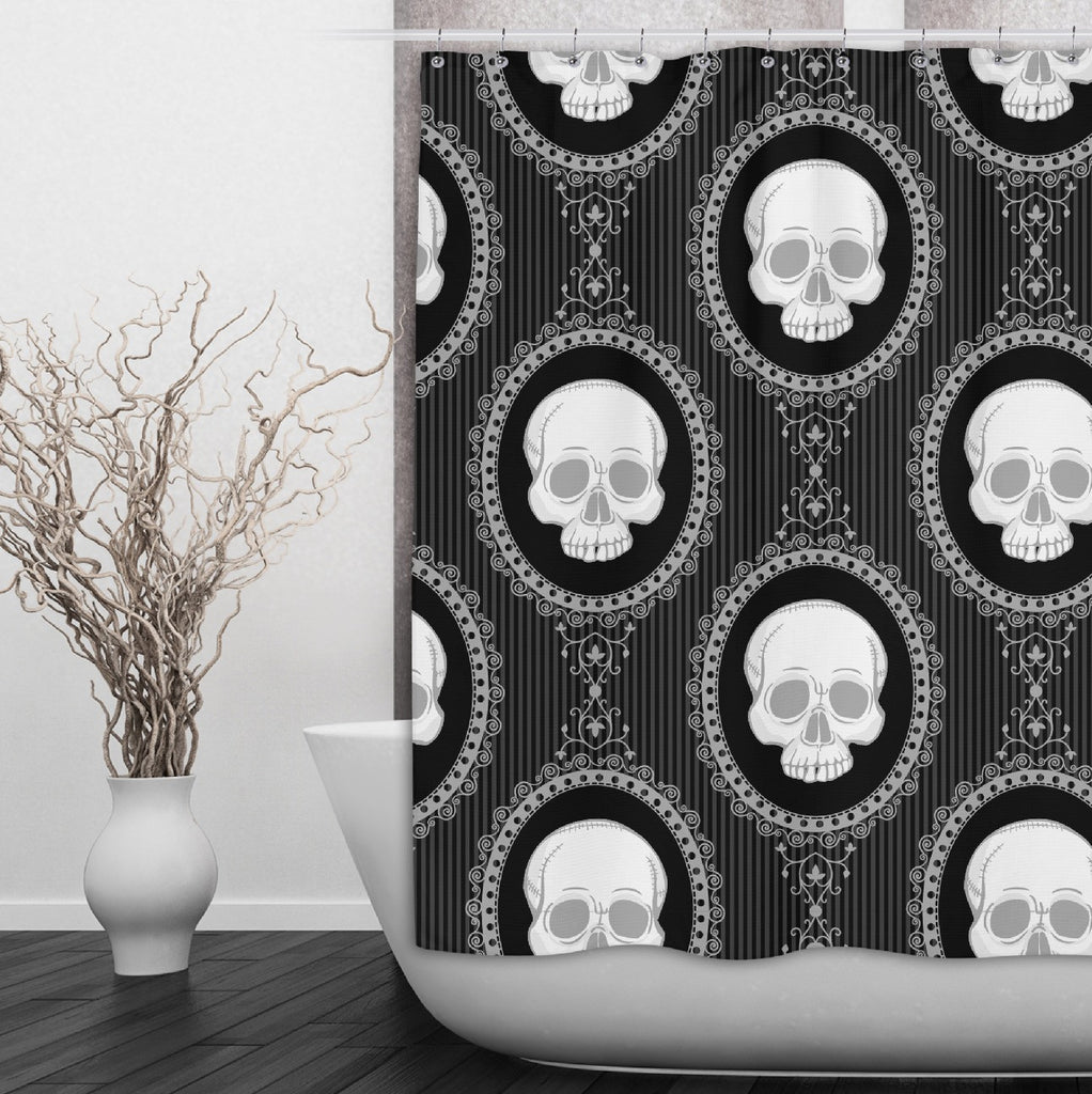 Black and White Cameo Skull Shower Curtains and Optional Bath Mats