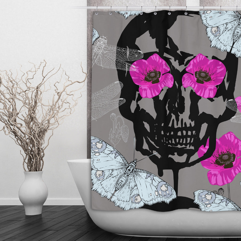 Hot Pink Poppy Skull Shower Curtains and Optional Bath Mats