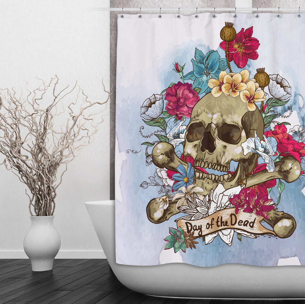 Day of the Dead Floral Skull Shower Curtains and Optional Bath Mats