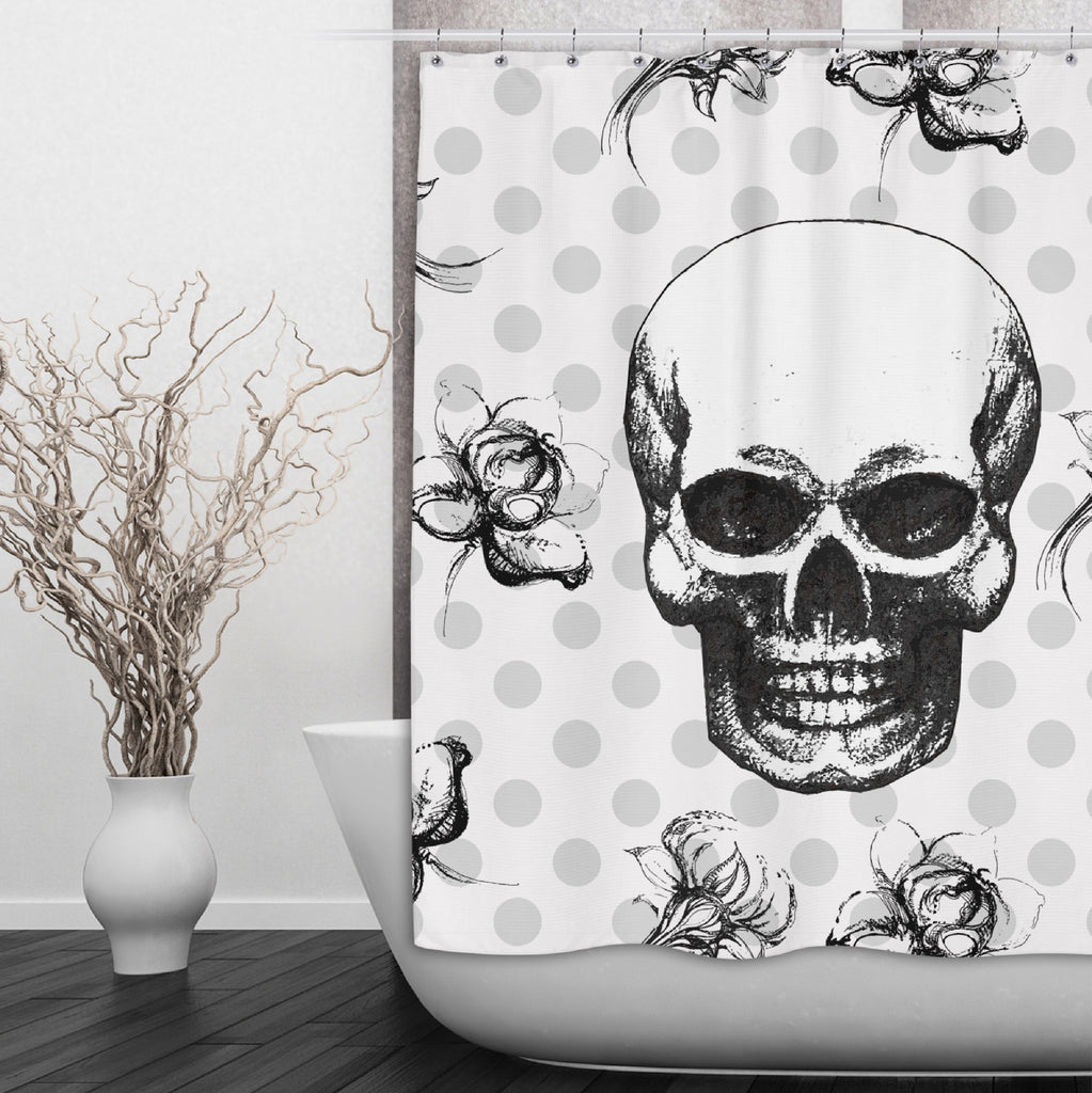 Skull Flower and Polka Dot Shower Curtains and Optional Bath Mats