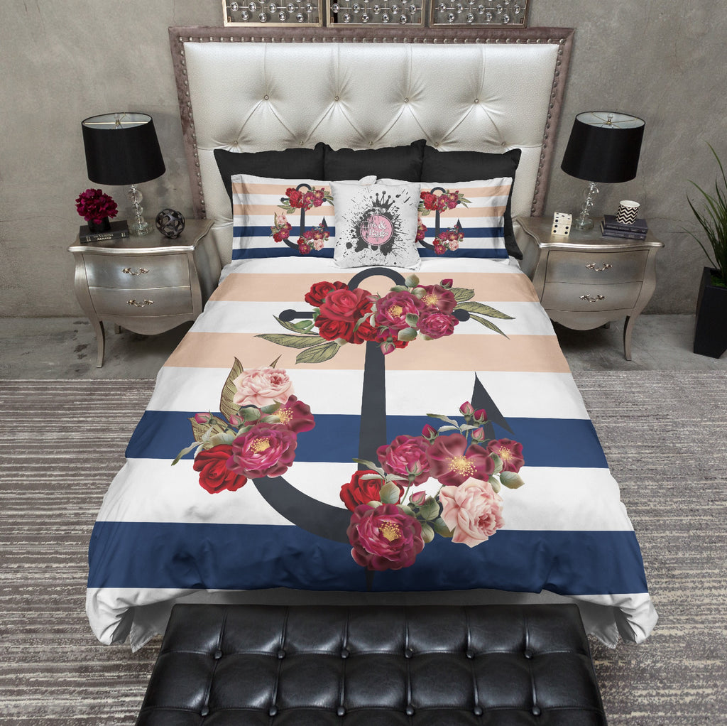 Navy and Peach Stripe Wild Rose Anchor Bedding Collection