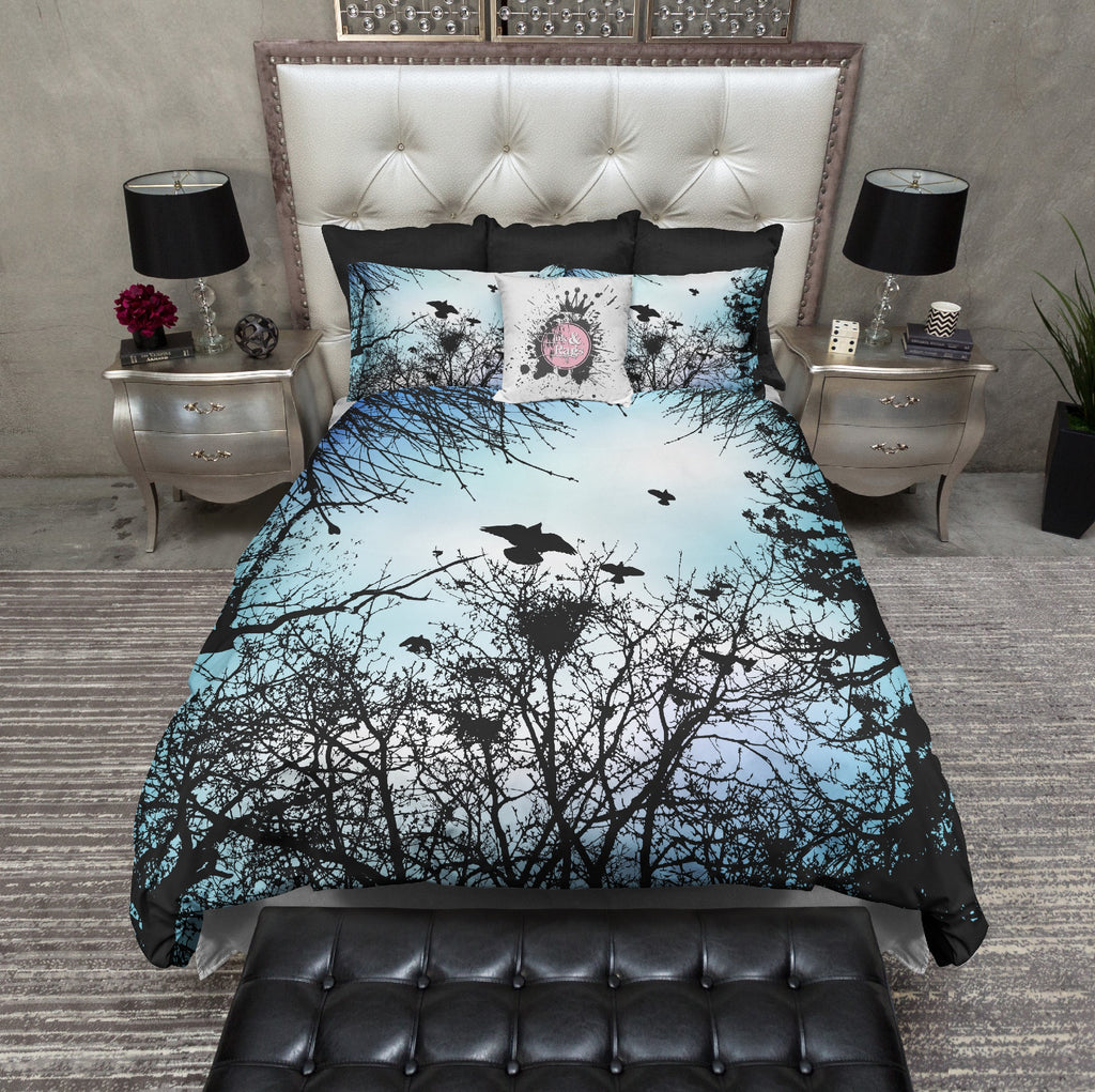 Tree and Crow Silhouettes with Blue Gradients Bedding Collection