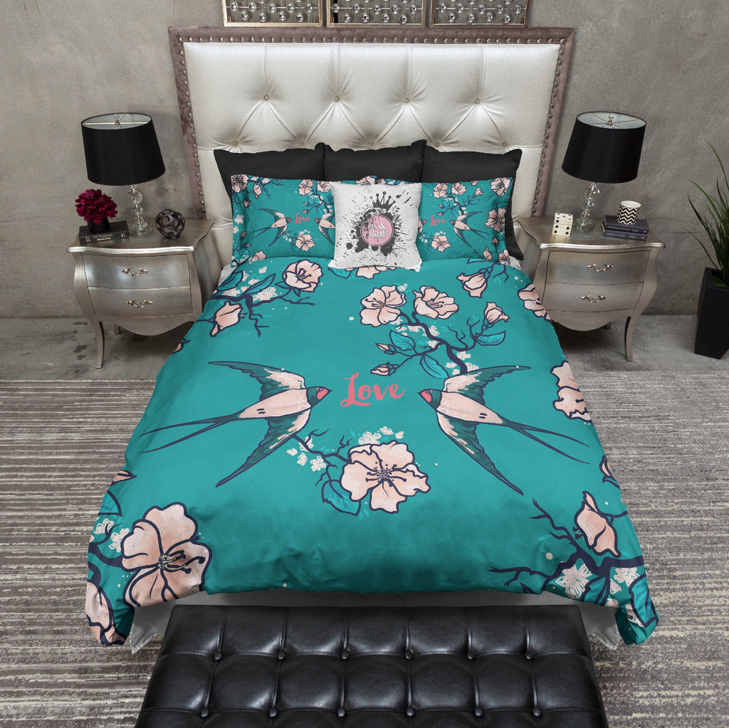 Love Birds Teal Swallow And Cherry Blossom Bedding Collection