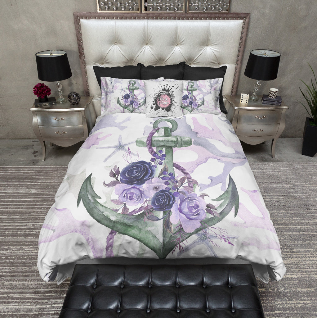 Green and Purple Anchor Rose Coral Starfish Nautical Bedding Collection