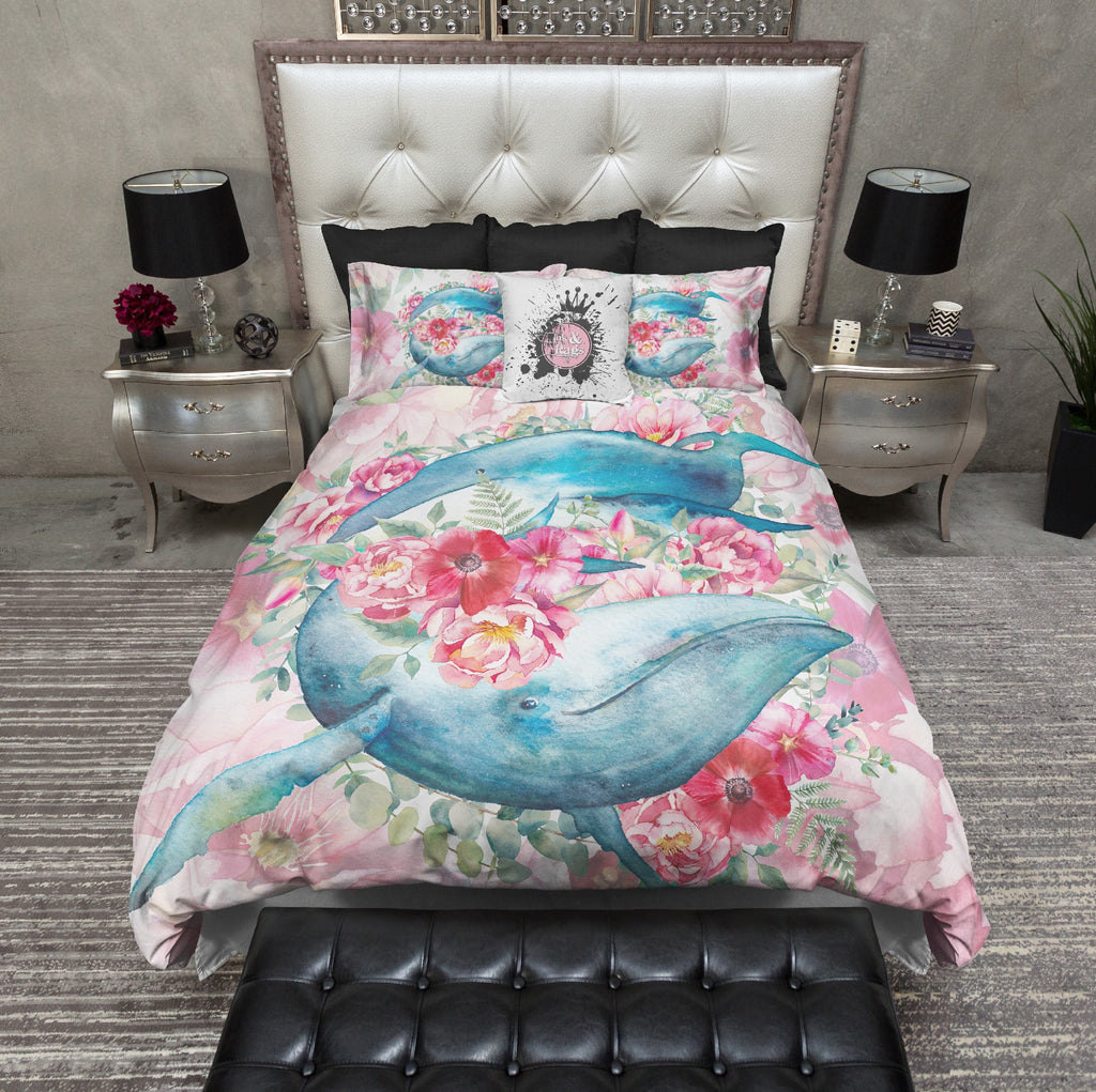 Blue Whale Floral Watercolor Bedding Collection