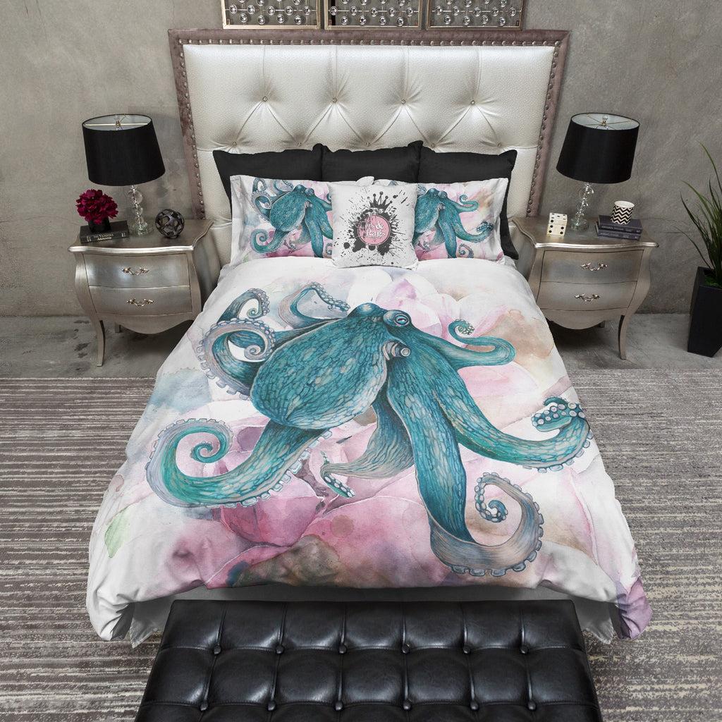 Teal Octopus and Magnolia Bedding Collection