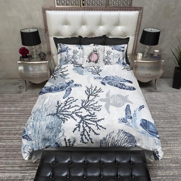 IN STOCK SAMPLE Blue Grey Sea Turtle Coral - 3 Piece Queen Duvet Cover Set