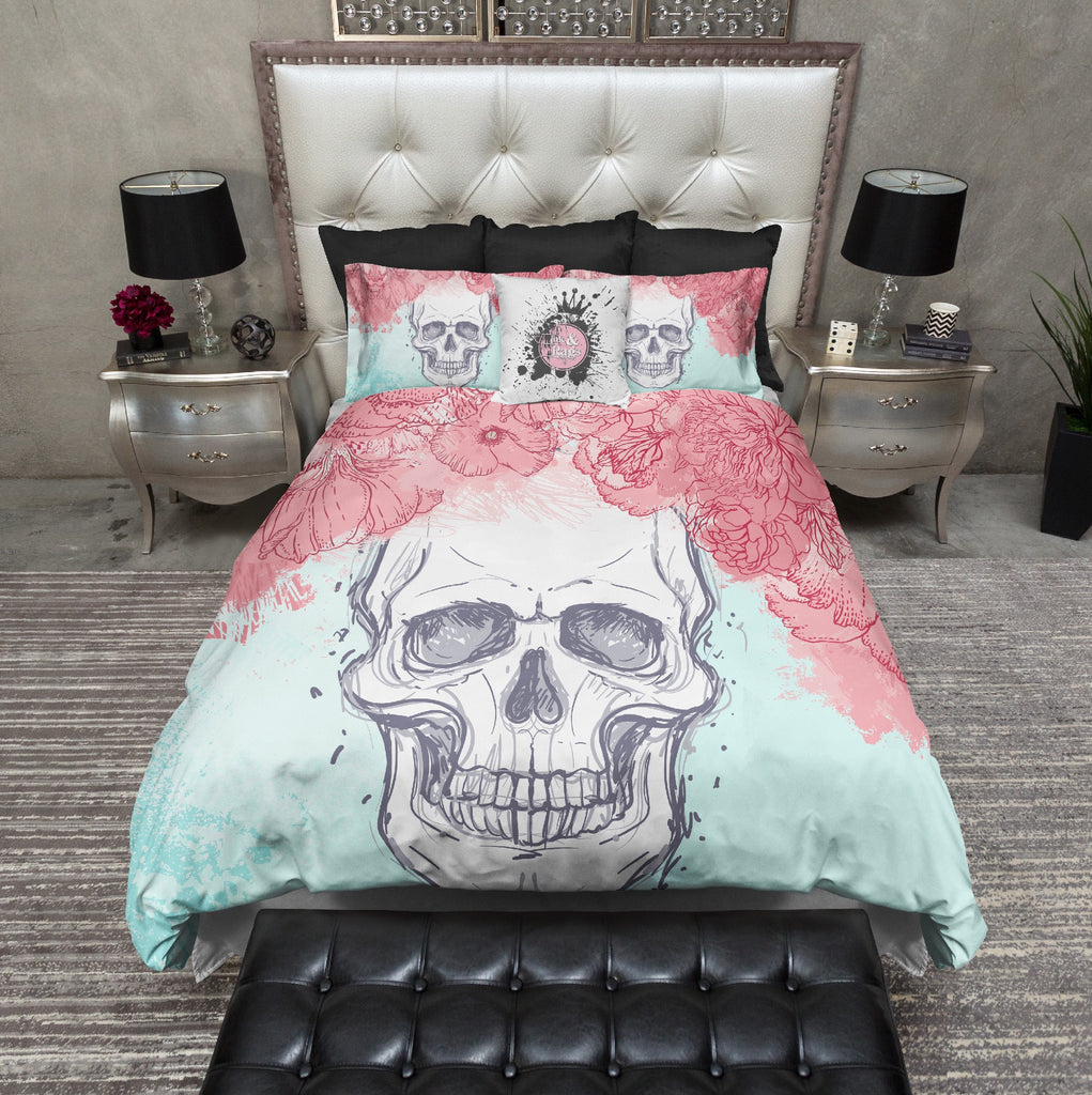 Pink Flower on Ice Blue Skull Bedding Collection