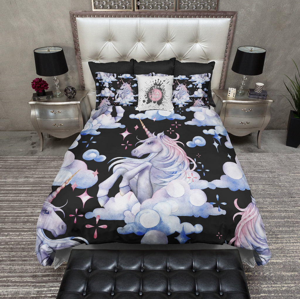 Unicorn in the Clouds Pattern Black Bedding Collection
