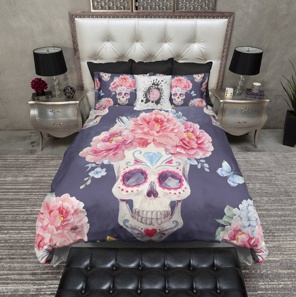 Watercolor Pink Flower and Butterfly Sugar Skull Bedding Collection