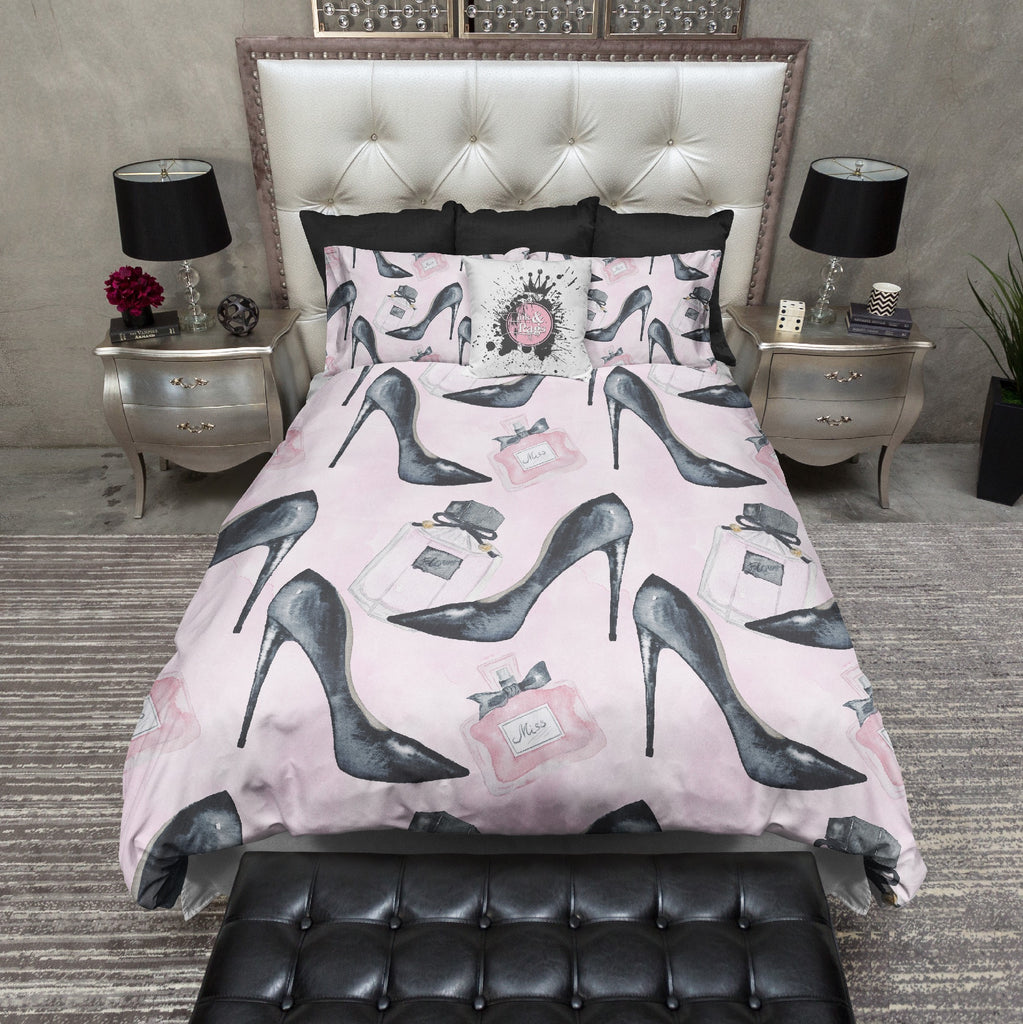 Pink Perfume and Stilettos Fashion Watercolor Fashion Bedding Collection