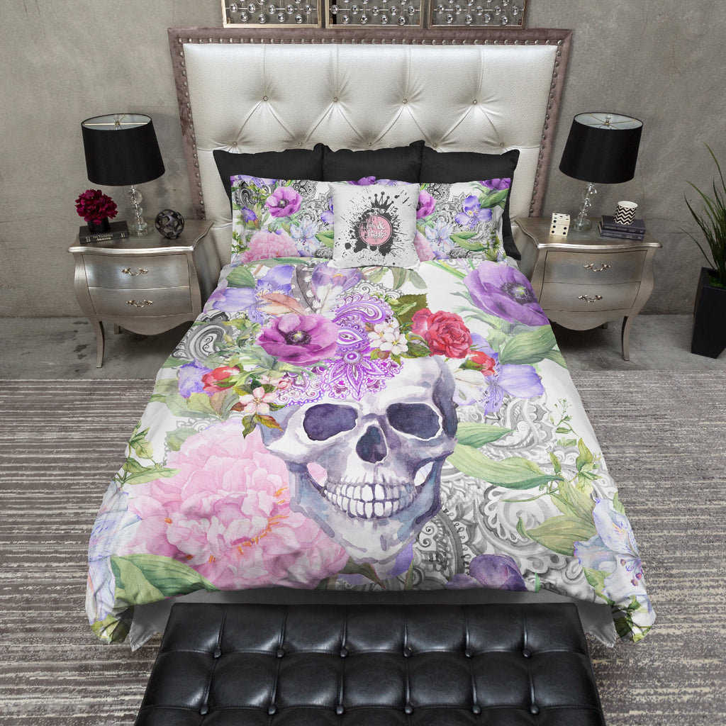 Watercolor Flower and Paisley Boho Skull Bedding Collection