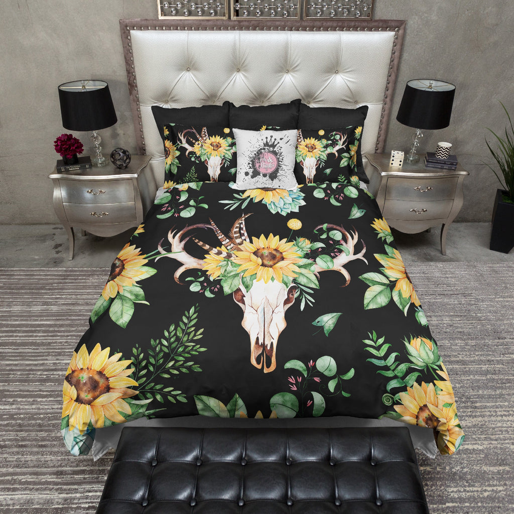 Sunflower and Deer Skull on Black Bedding Collection