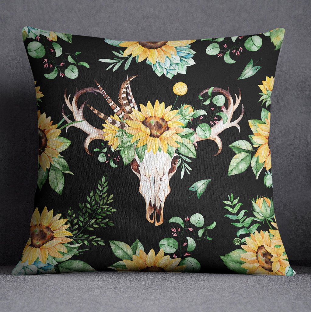 Sunflower and Deer Skull on Black Throw Pillow