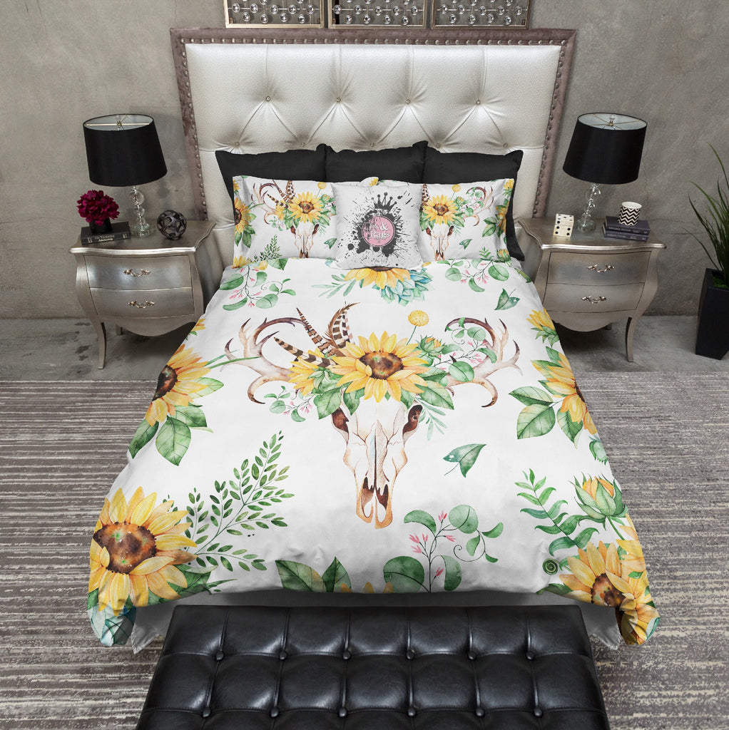 Sunflower and Deer Skull on White Bedding Collection