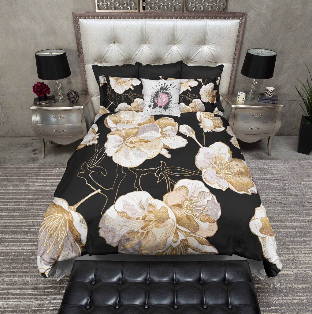 Gold and Grey on Black Sakura Cherry Blossom Bedding Collection