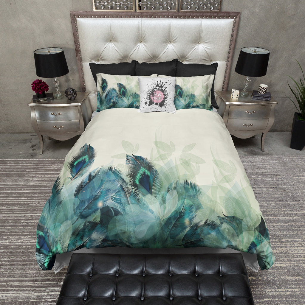 Peacock Feather and Leaf Motif CREAM Bedding Collection