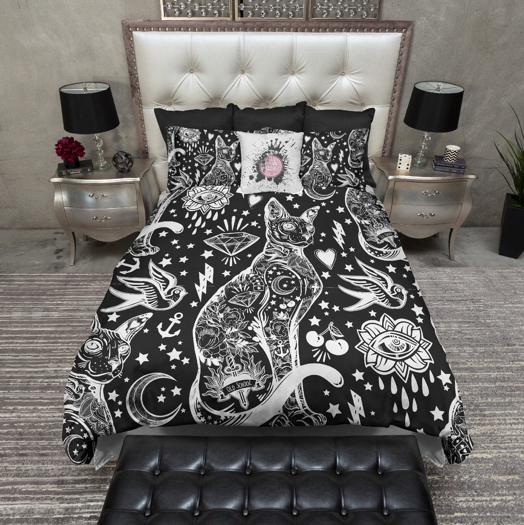 Black and White Old School Tattoo Sphynx Cat Bedding Collection