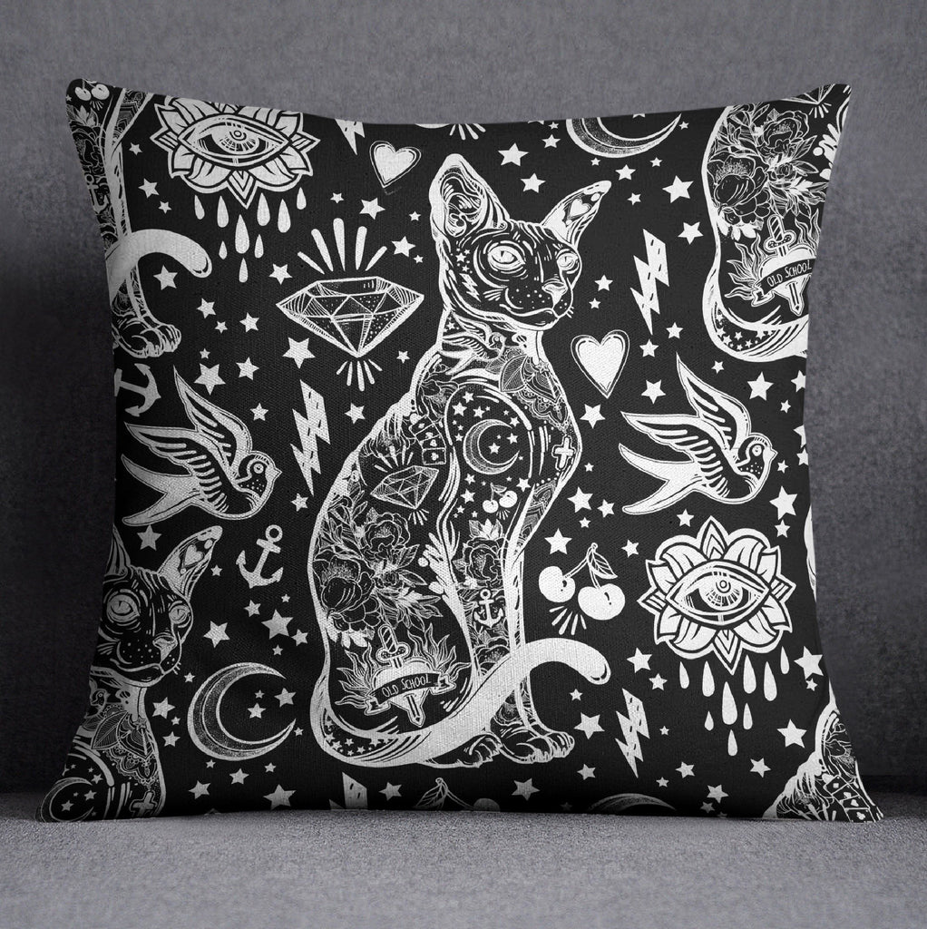 Black and White Old School Tattoo Sphynx Cat Throw Pillow