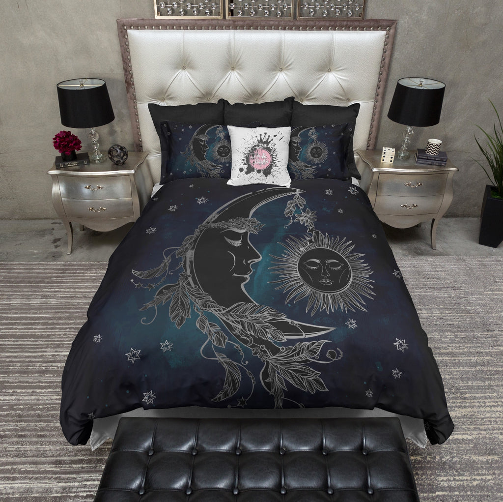 Boho Midnight Black Teal with Silver Sun Moon and Stars Bedding Collection