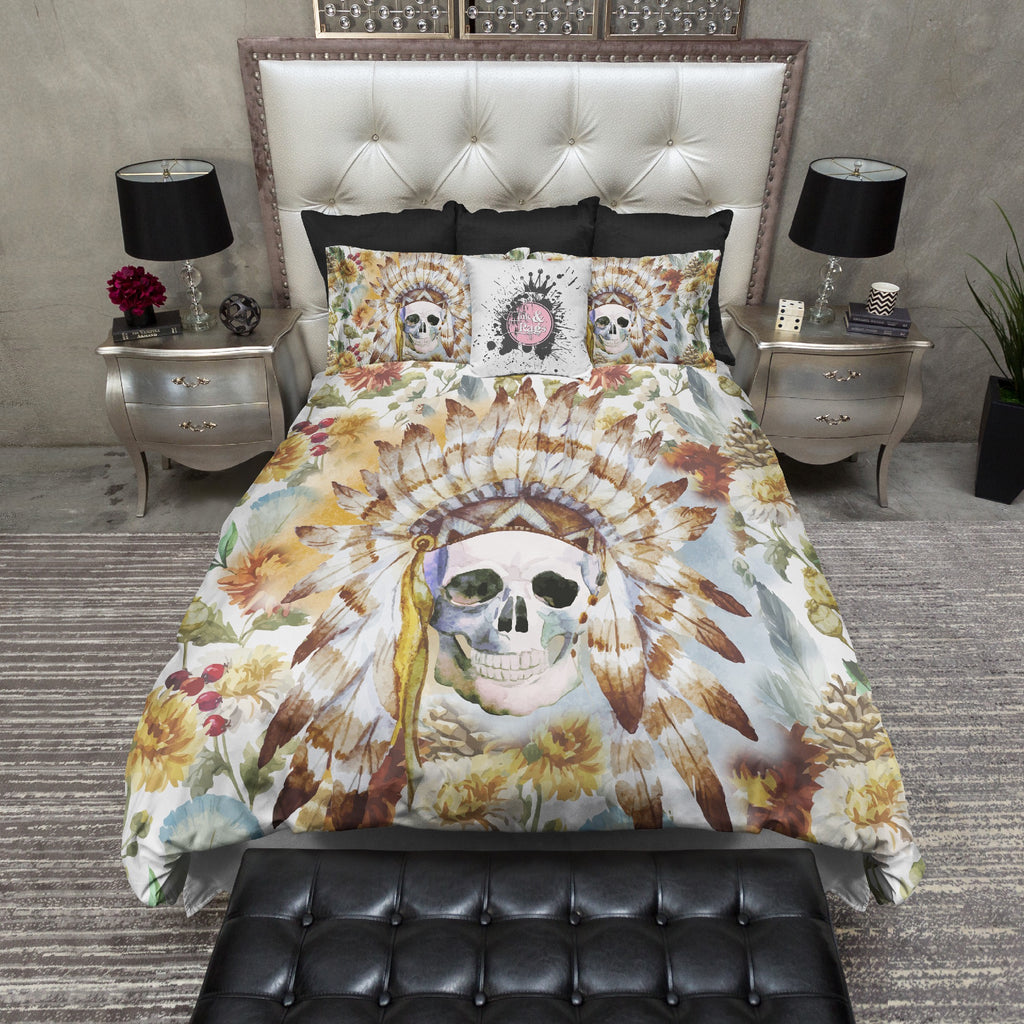 Native American Indian Headdress Skull and Dried Flower Bedding Collection