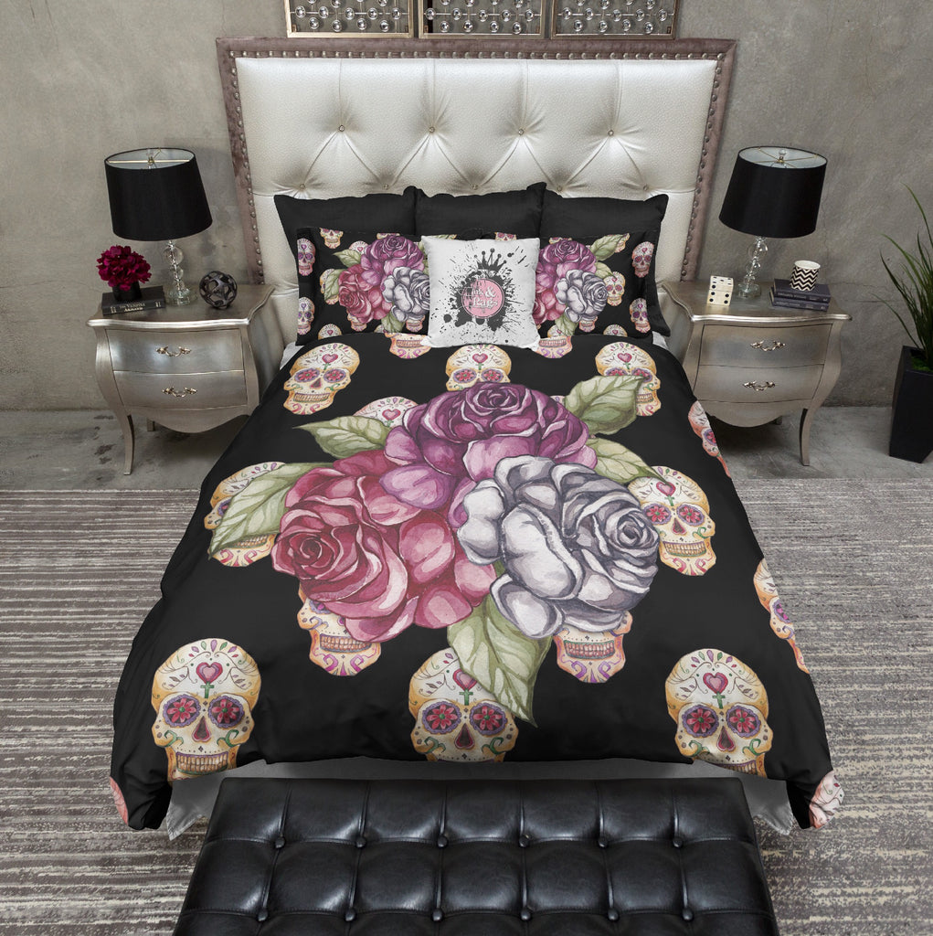 Rose Trio with Sugar Skull Background Bedding Collection