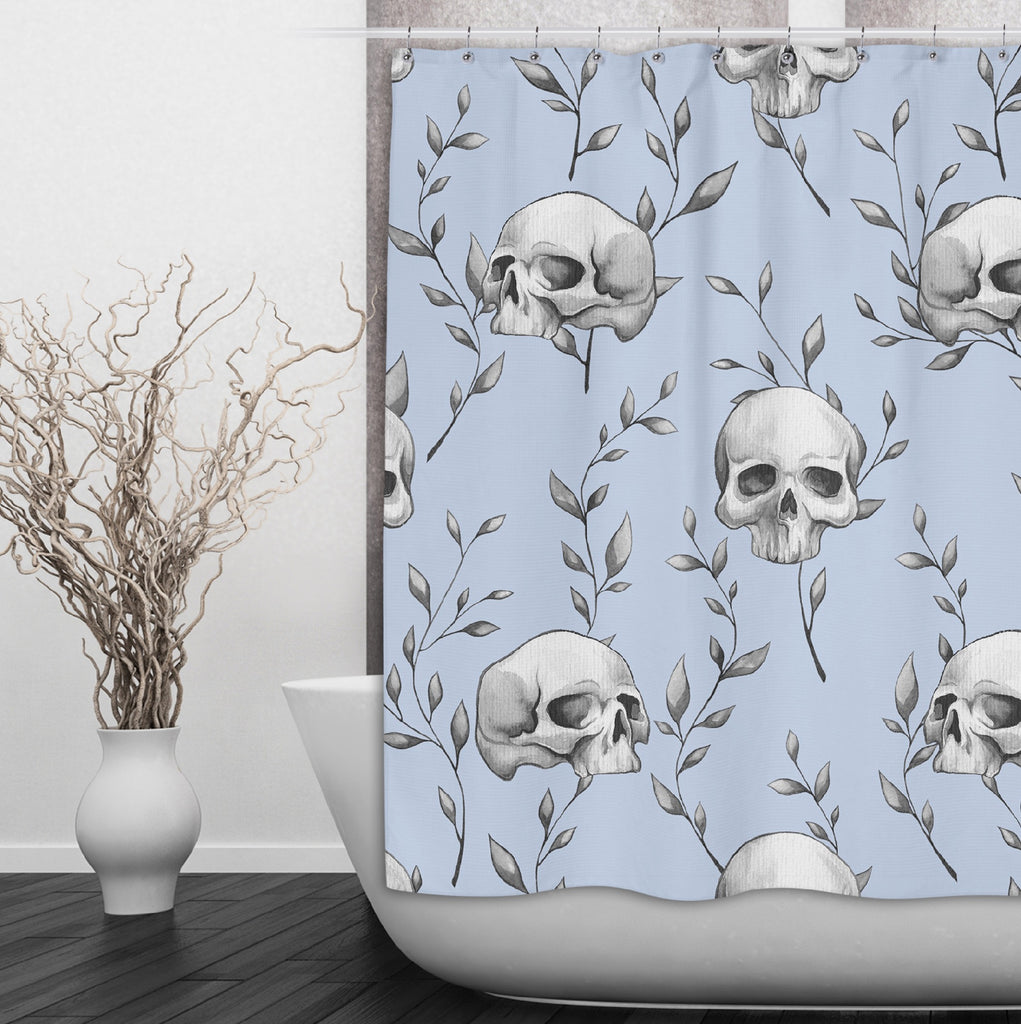 Powder Blue Skull and Branch Shower Curtains and Optional Bath Mats