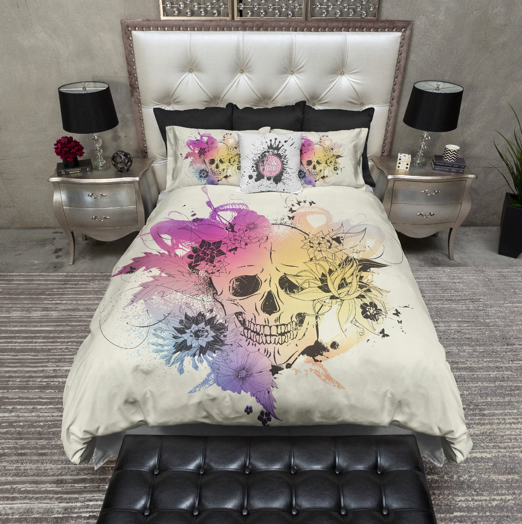Colorful Watercolor Skull and Flower CREAM Bedding Collection