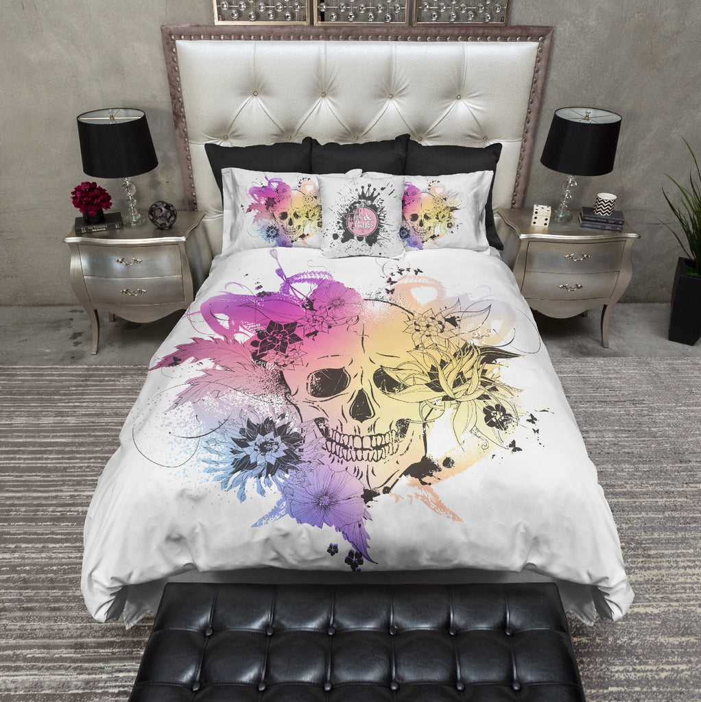 Colorful Watercolor Flower and Skull Bedding Collection