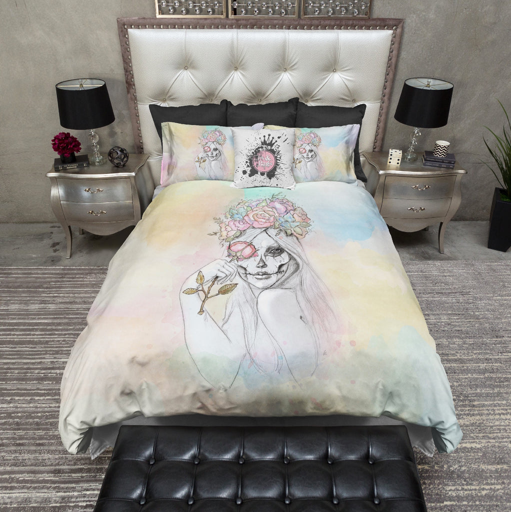 Painted Lady Watercolor Rose Crown Sugar Skull Bedding Collection