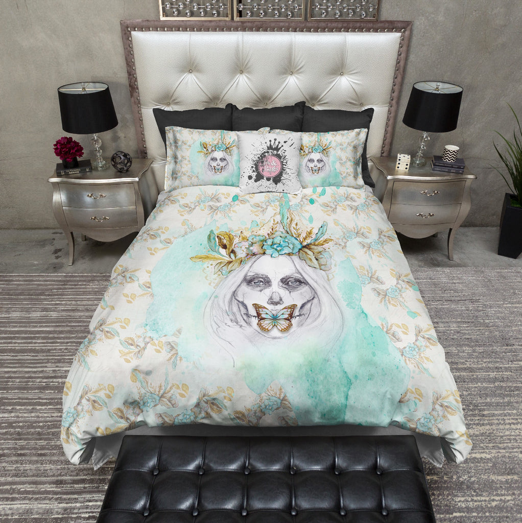 Boho Painted Lady Teal and Gold Sugar Skull Floral Bedding Collection