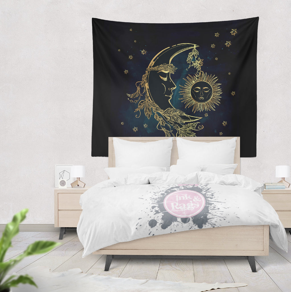 Boho Midnight Black and Teal with Gold Sun Moon and Stars Wall Tapestry