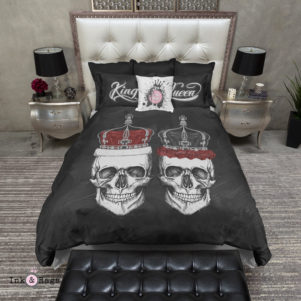Royal King and Queen Crown Rose Skull Bedding Collection