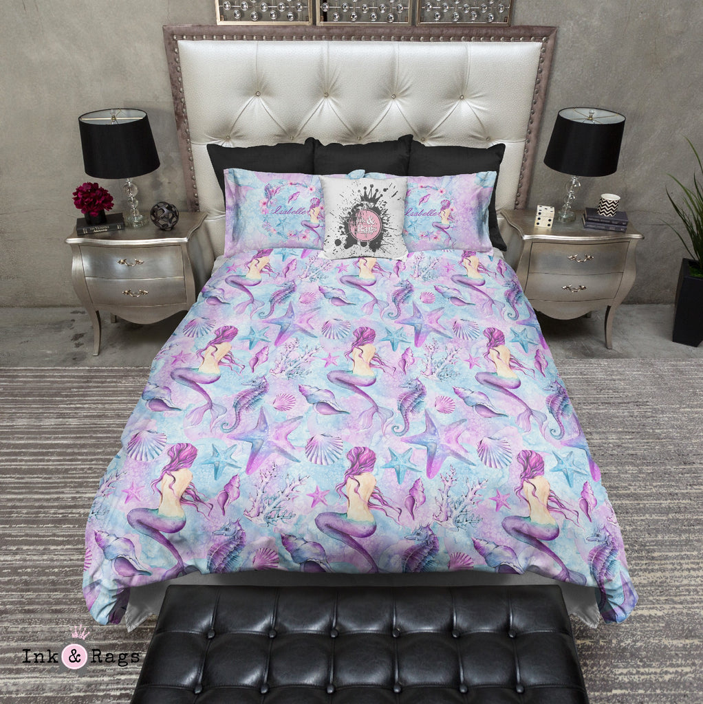 Personalized Purple Watercolor Mermaid Bedding Collection