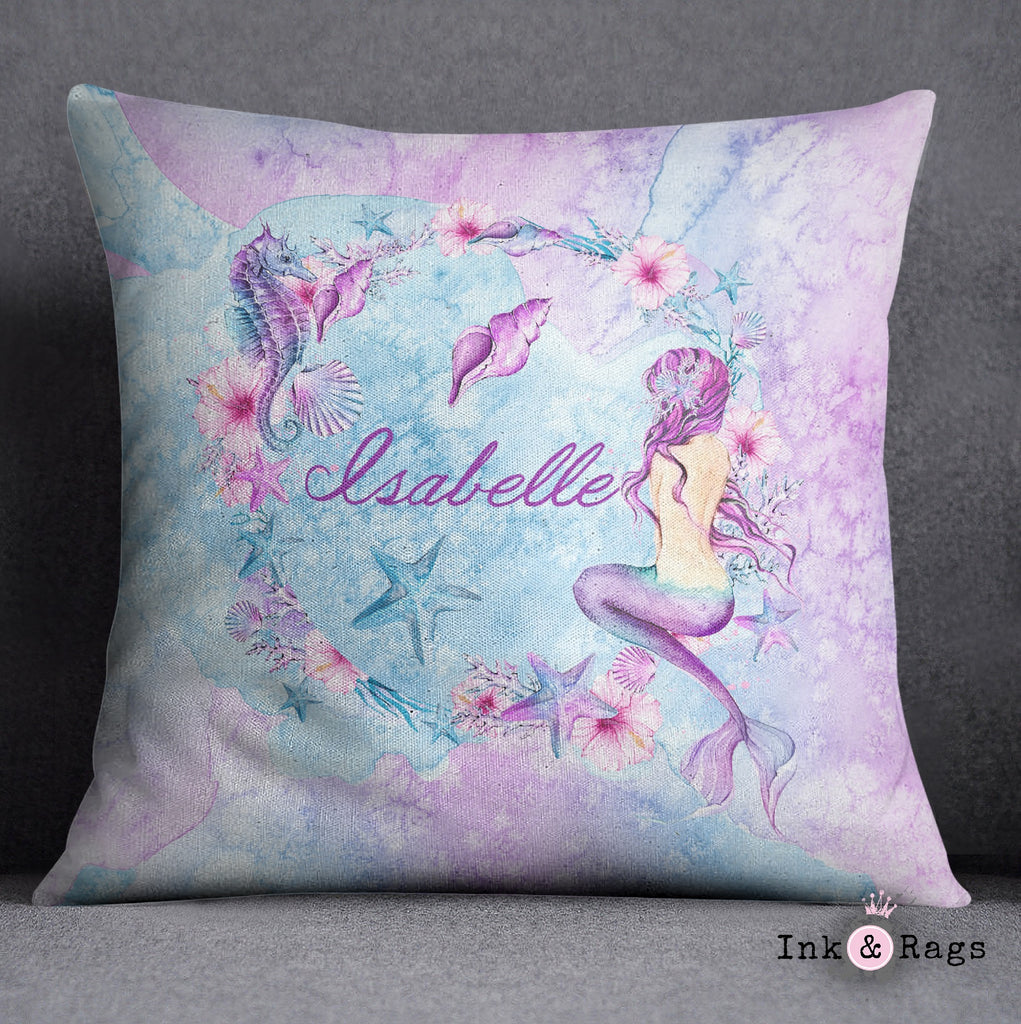 Personalized Purple Watercolor Mermaid Decorative Throw and Pillow Cover Set
