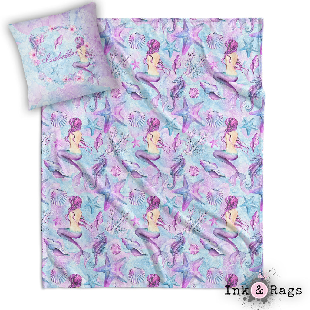 Personalized Purple Watercolor Mermaid Crib and Toddler Bedding Collection
